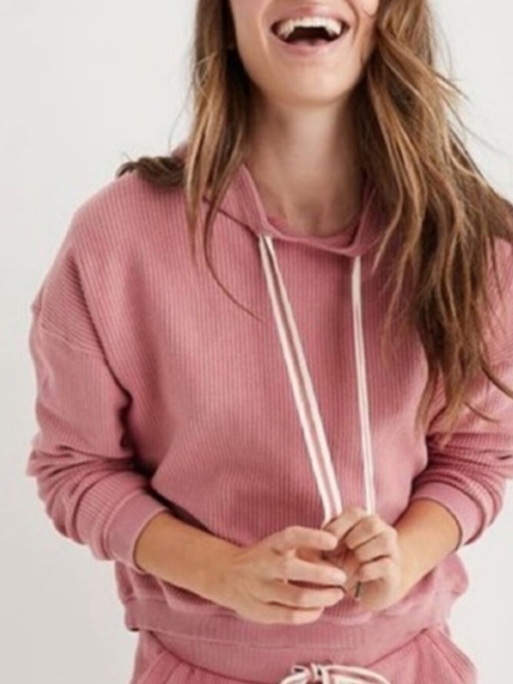 Aerie Pink Ribbed Cropped Pullover Hoodie - Oversized Fit - Size S